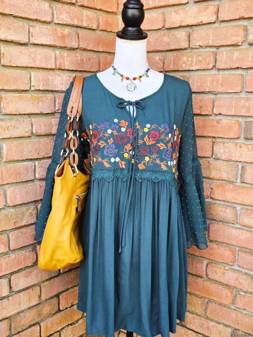 Altar'd State Brand Dress. Teal Green Floral Embroidered Swiss Dot. Size Small - Picture 3 of 13